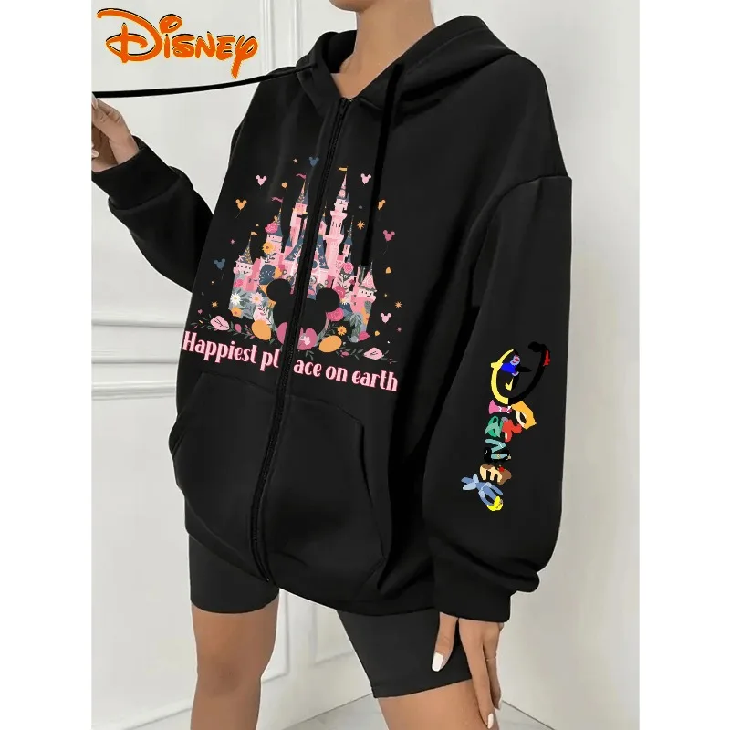 

Женская толстовка на молнии с контурным принтом Disney Castle and Mickey, осенне-зимняя новинка, повседневная свободная уличная одежда для мужчин и женщин