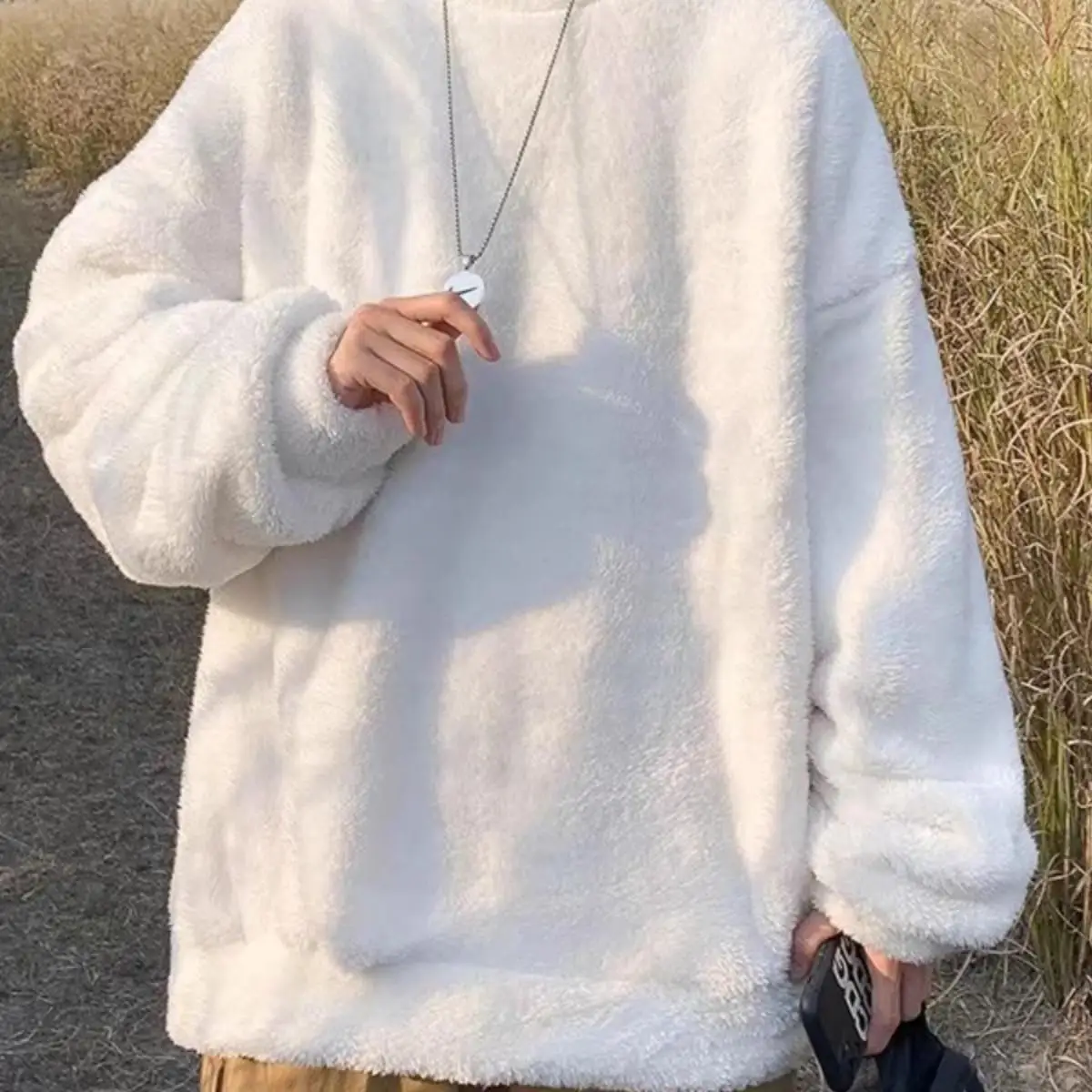 Men's Autumn Winter Thiened Fce Lined Flannel Sweatirt Loose Fit Warm Casual Long Sve T-irt for Outdoor Wear