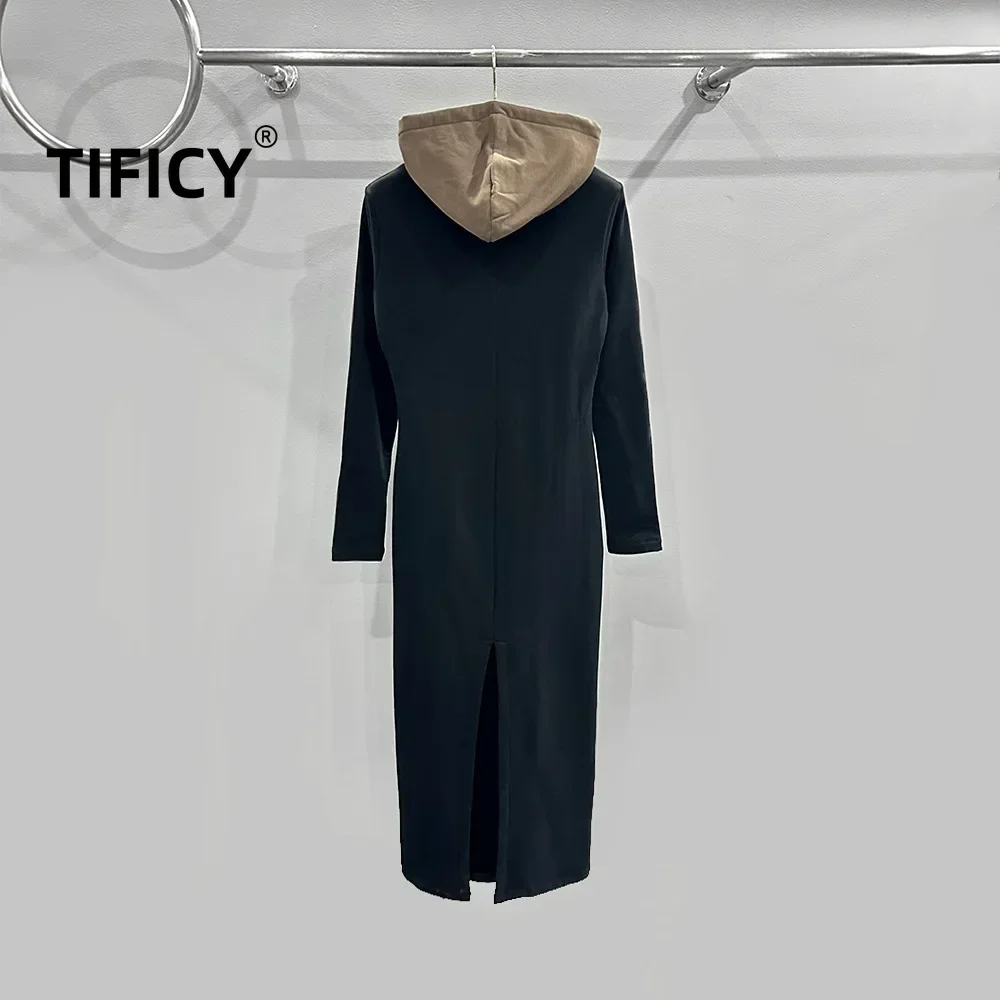 TIFICY High Street Cotton Women's Spring/summer Knitted Sweatshirt with V-shaped Hooded Black Gray Jumpsuit Slimming Long Dress