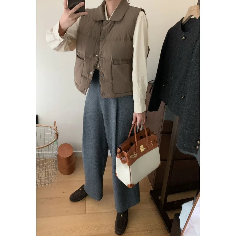 冬の新作スリムで多用途な厚手のルーズウールパンツ、女性用シンプルで上品なワイドレッグパンツ