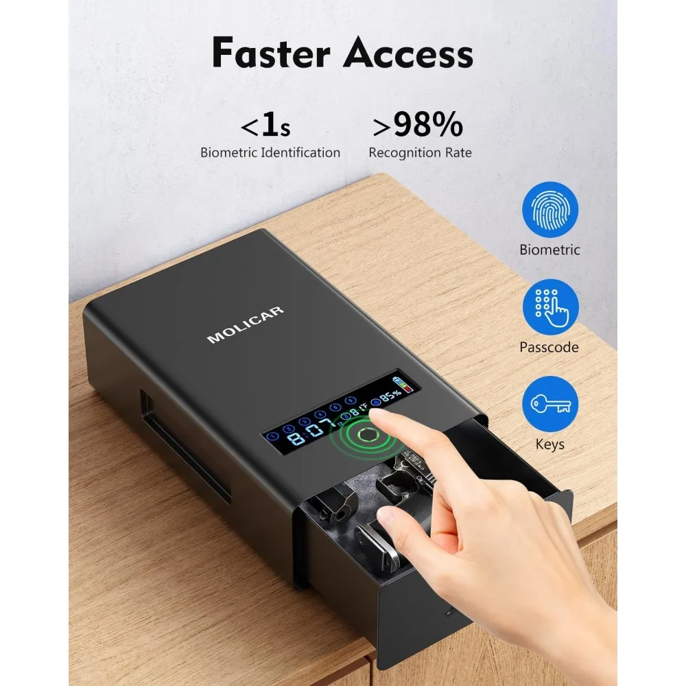 Gun Safe for Handgun, Alarm Clock Biometric Pistol Safe Fingerprint Handgun Safe with Touchscreen Keypad LCD of Temp, Humidity,