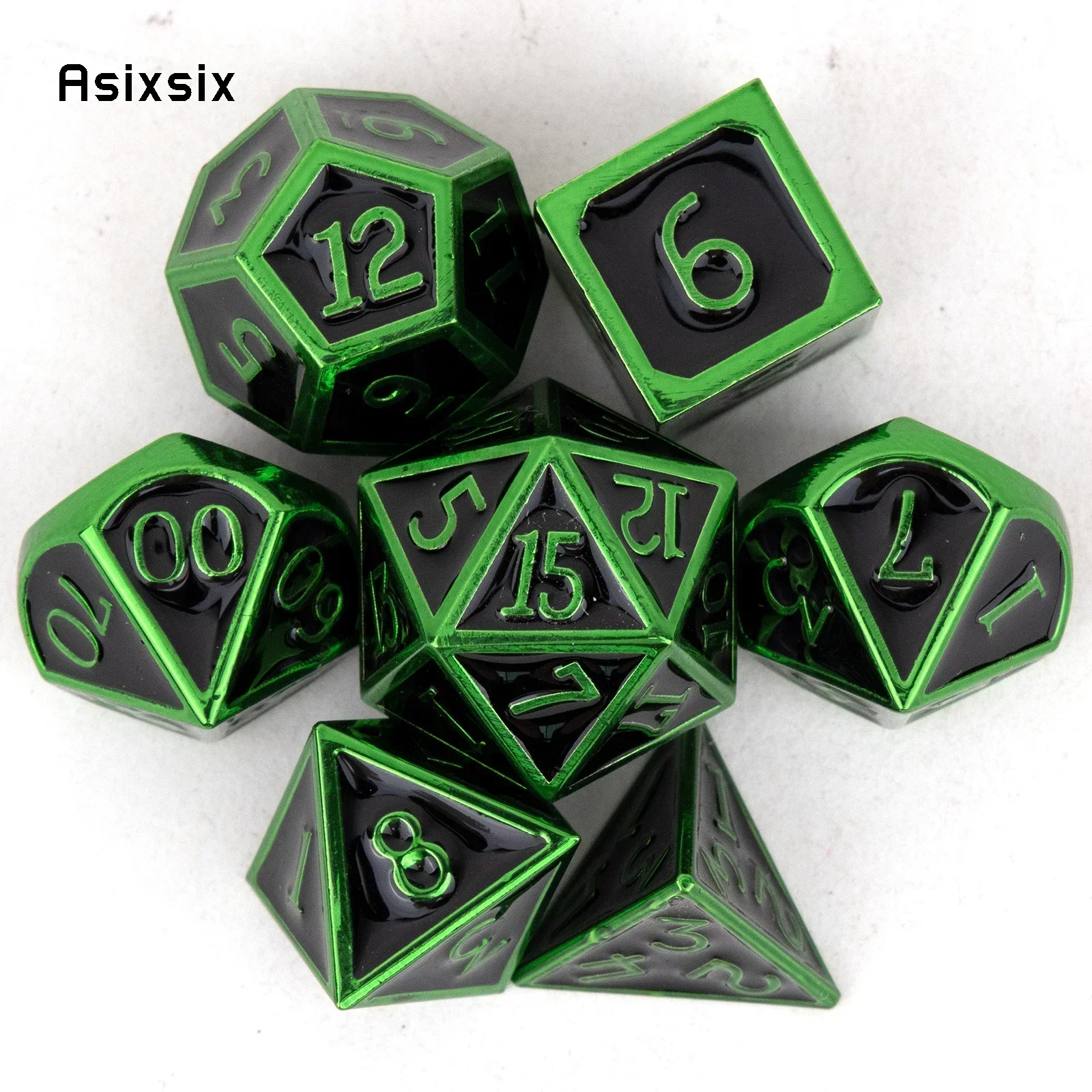 

7 Pcs Black Green Standard Metal Dice Solid Metal Polyhedral Dice Set Suitable For Role-Playing Dice PropBoard Game Gift
