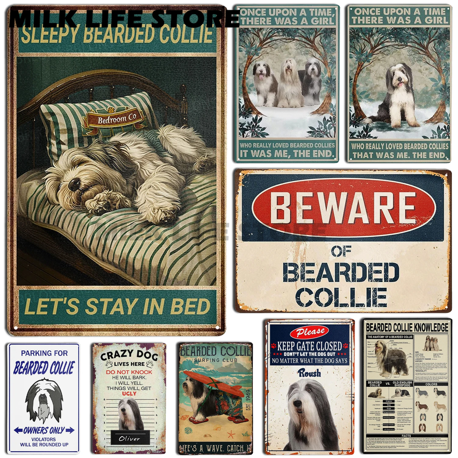 Metal Tin Sign Bearded Collie Knowledge Aluminum Vintage Sign Tin Sign Retro for Home Garden Office Wall Decor