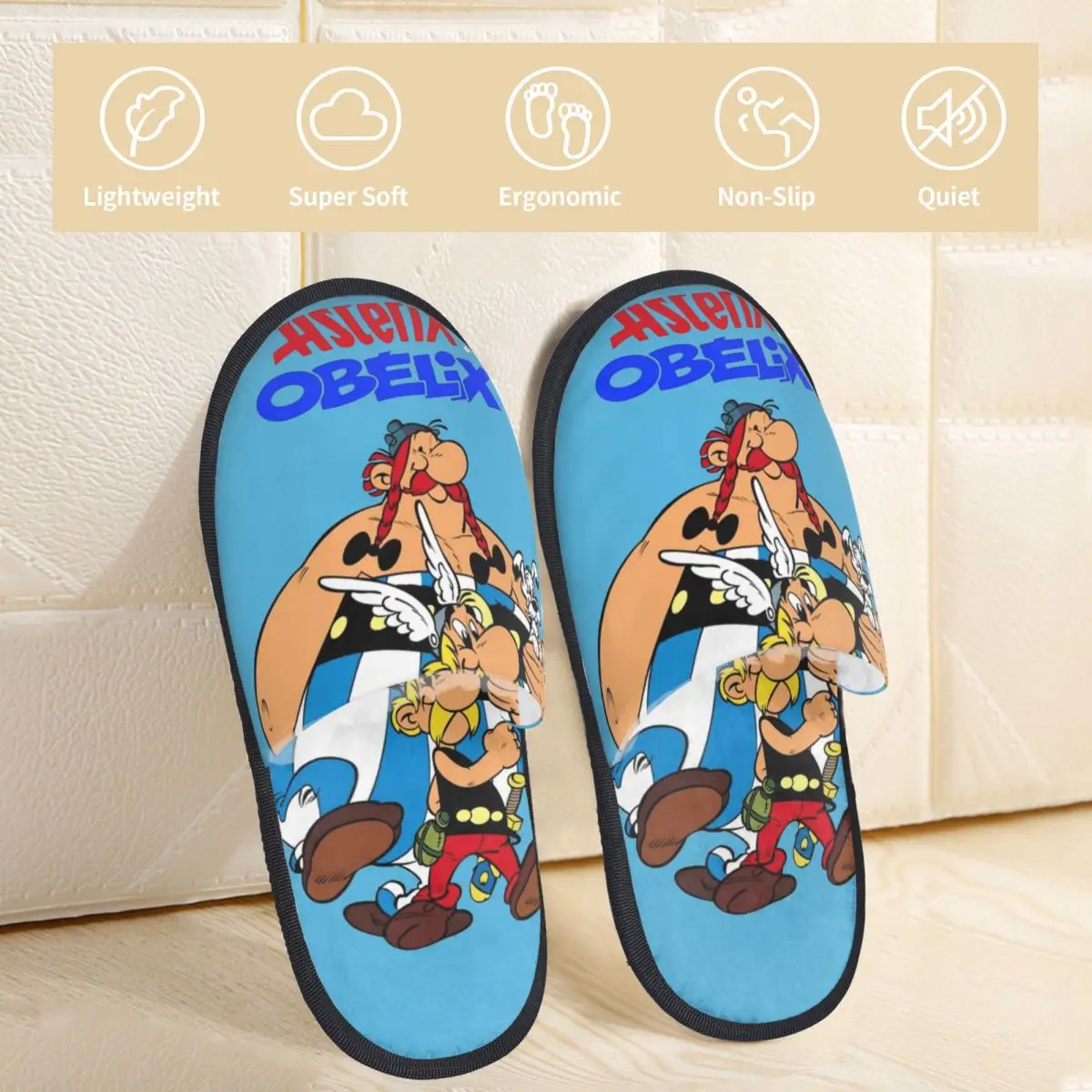 Women Asterix-and-Obelix Humor Cartoon House Cotton Slippers Bedroom Funny Soft Household Fur Slides Slippers Non-slip