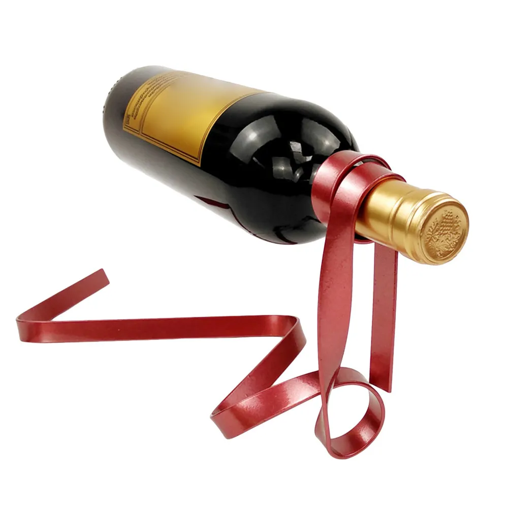 Exquisite Polished Metal Wine Bottle Holder Ribbon Form Floating Suspension Rack Wine Display Stand Table Decoration Bar