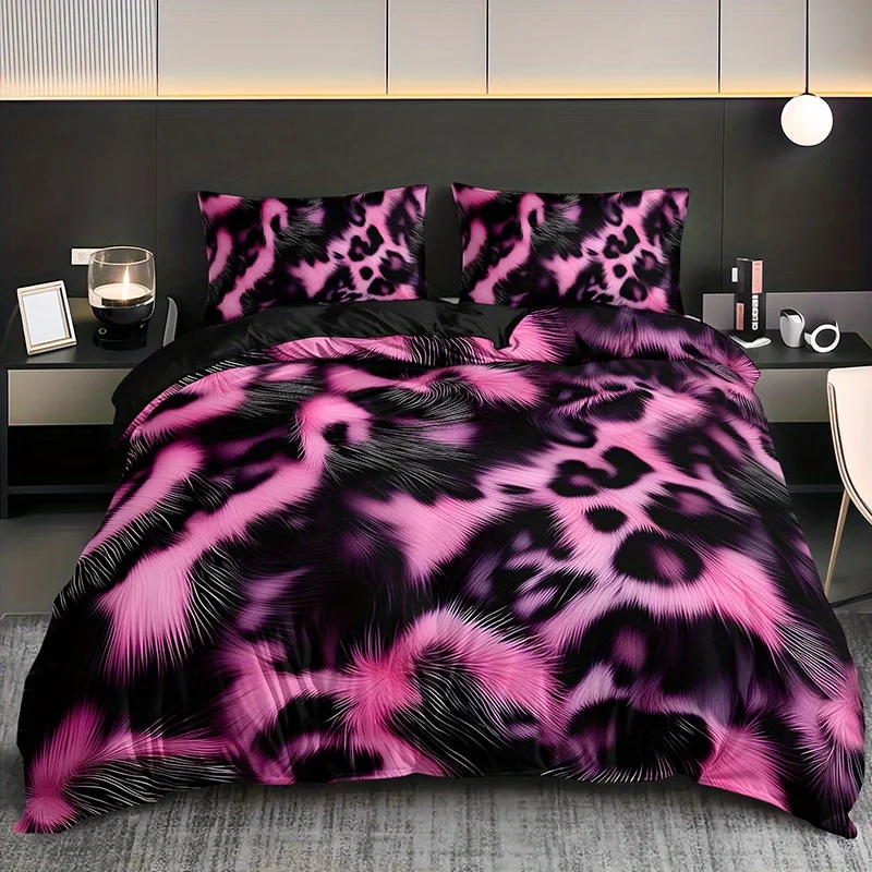 2/3Pcs Pink Leopard Print Duvet Cover Set, HD Print Soft Breathable Light Beige Bedding with Pillowcases, All Season Home Dorm