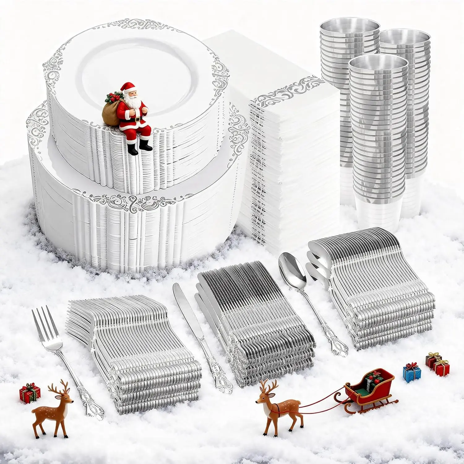 

700PCS Silver Plastic Dinnerware Set - 200 Plates, 300 Silverware, 100 Cups & Napkins for Wedding & Party