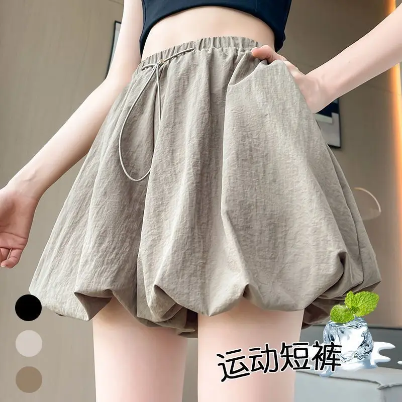 Summer Thin French Style Fluffy Flower Bud Lantern Pants with High Waist and Loose A-Line Wide Leg Shorts for Women