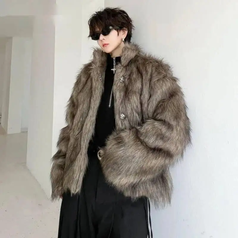 Korean Style Men's Faux Fur Jackets Solid Color Turn-down Collar Casual Single Breasted Winter All-match Male Coats 9XTA1R