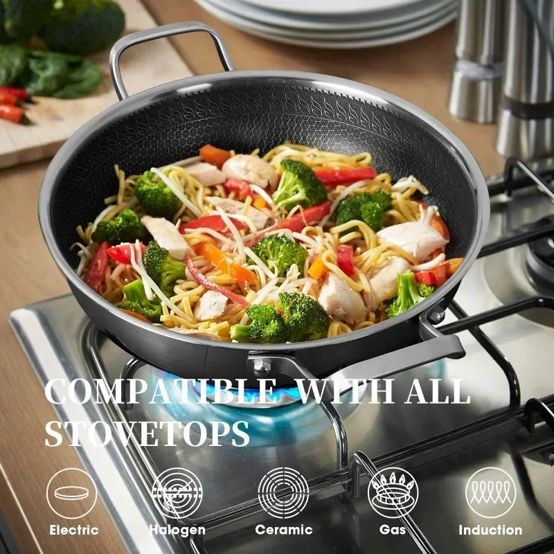 Kitchen Stainless Steel Frying Pan BBQ Pot with Lid 34/30cm Nonstick Cookware Fried Egg Steak Seafood Skillet Suitable All Stove