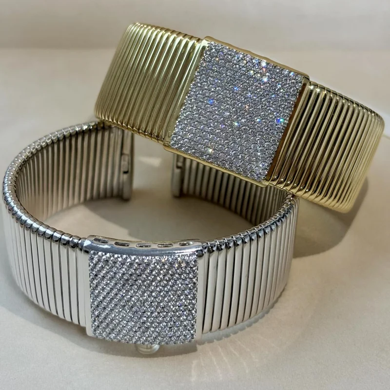 Bellux Gold Silver Cuff Bracelet Full Diamond Paved Wide Band Vertical Striped Metal Chain Elegant Party Wedding Jewelry Bangle