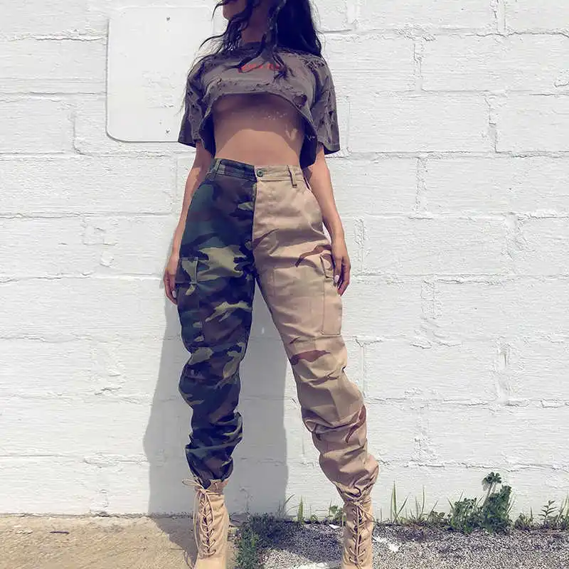 

Color Match Multi-pockets Camouflage Cargo Pants Y2K Women Streetwear Patchwork Baggy Overalls Wide Leg Loose Trousers