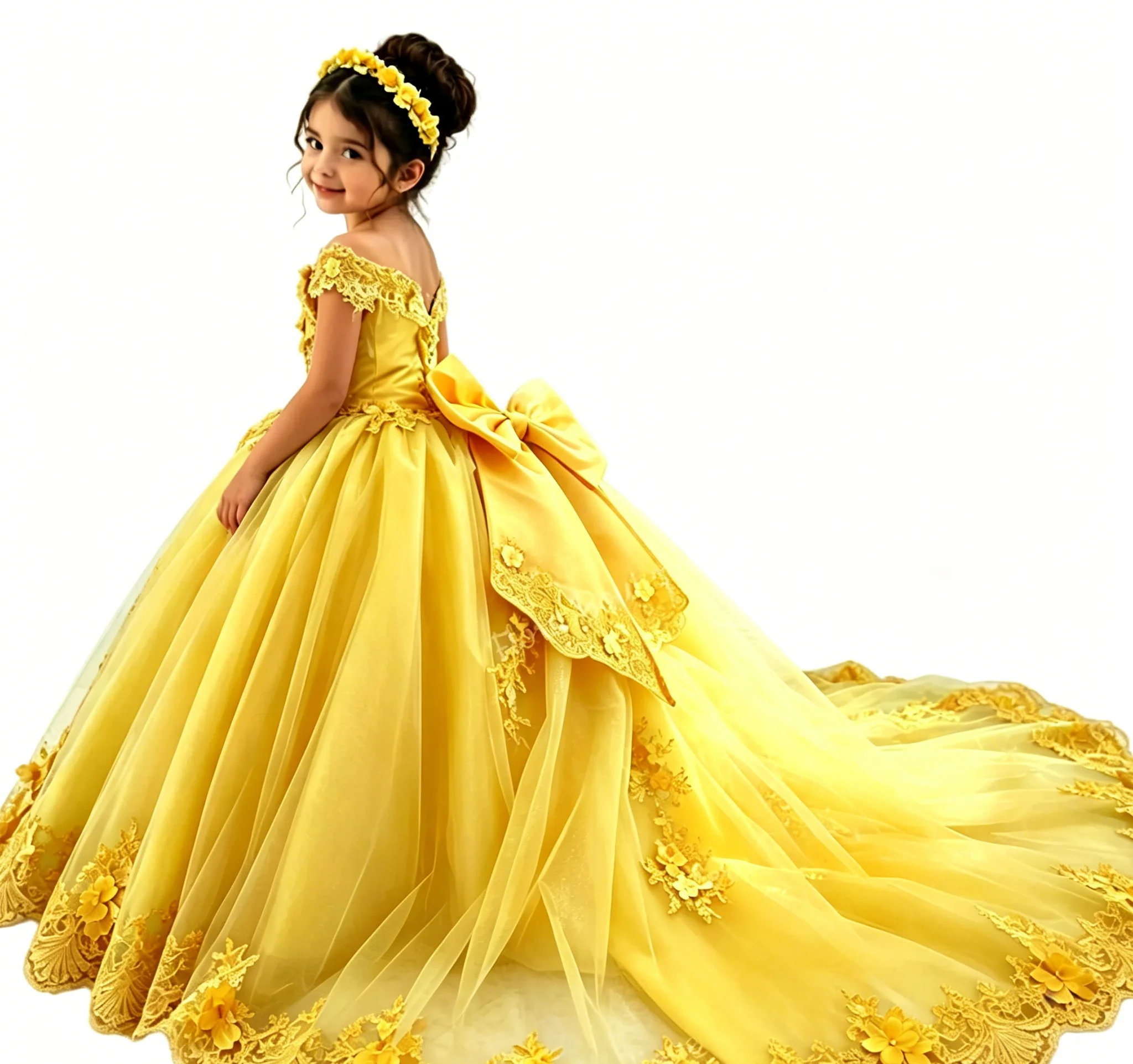 Elegant Off Shoulder Flower Girl Dress For Wedding with Bows Lace Appliques Kids Birthday First Communion Gowns Custom