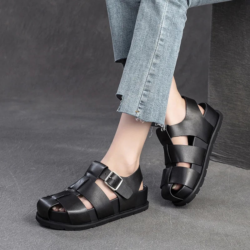 Koznoy 4.5cm Weave Cow Genuine Leather Sandals Mary Jane Platform Wedge Summer Women Fashion Ankle Booties Round Buckle Shoes