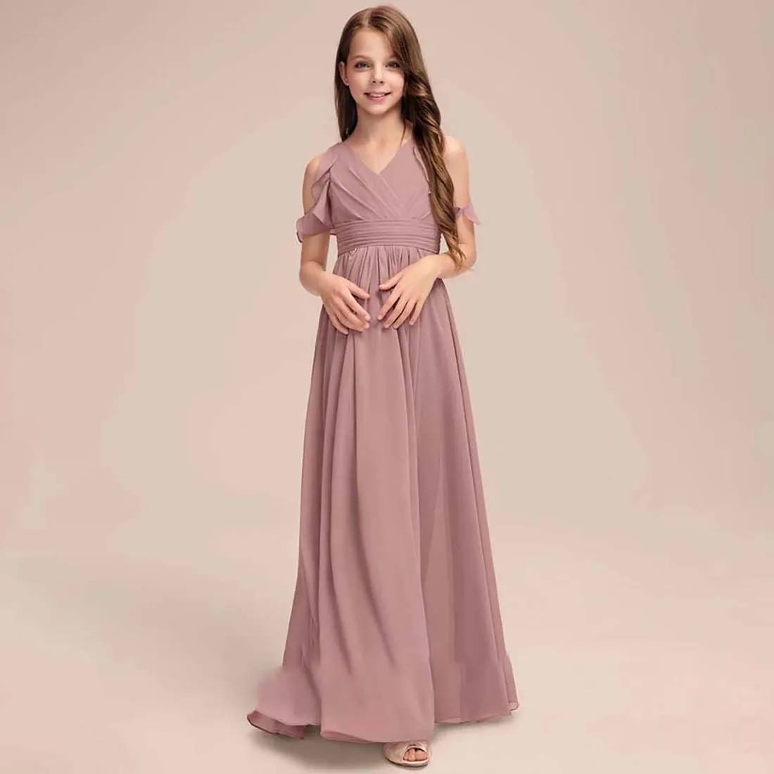 YZYmanualroom Chiffon Junior Bridesmaid Dress With Cascading Ruffles A-line Cold Shoulder Floor-Length 2-15T