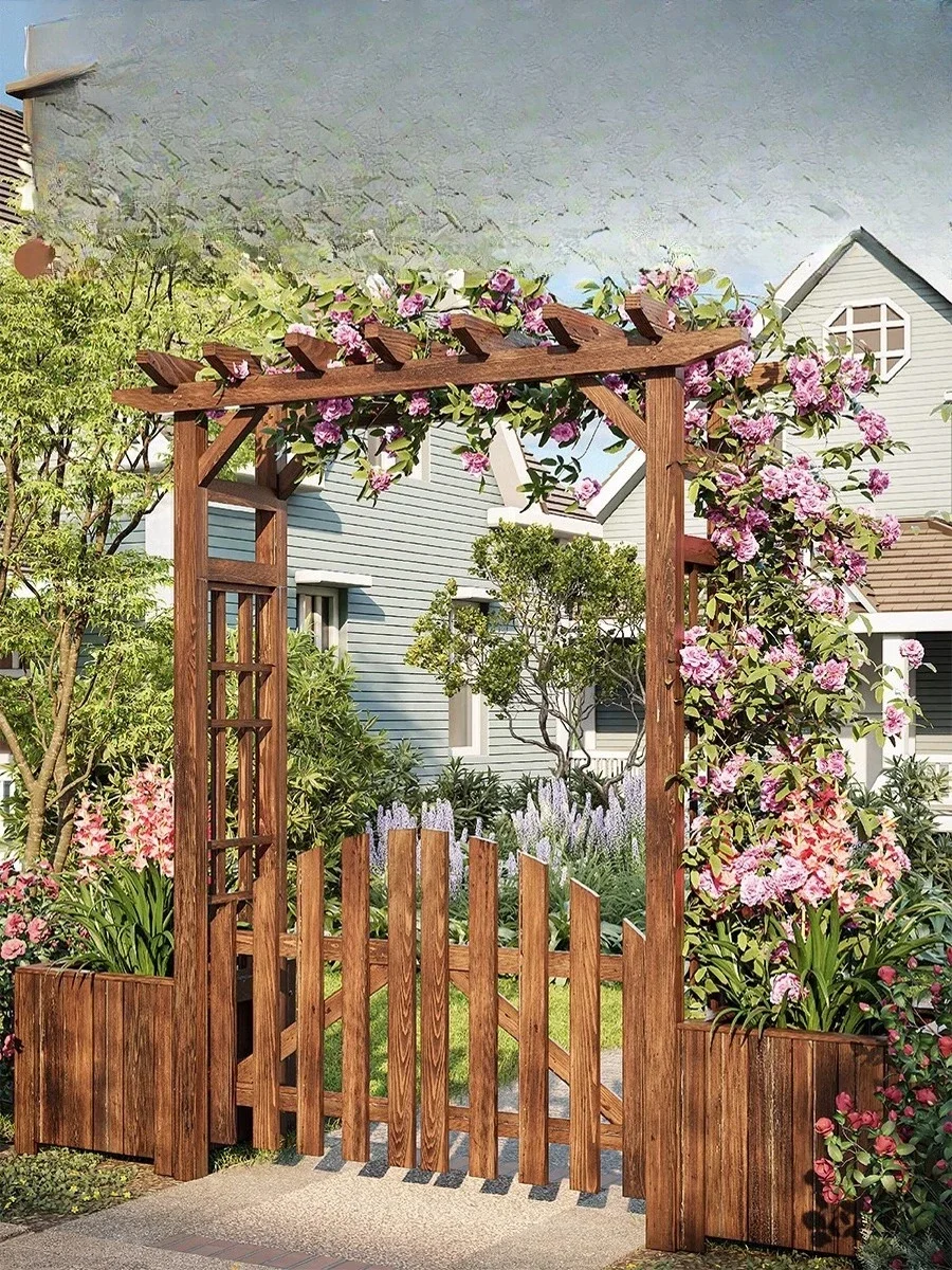Mediterranean Pressure Treated Wood Garden Arch Waterproof with Gate Door Easy Assembly UV Resistant Long Lasting Finish