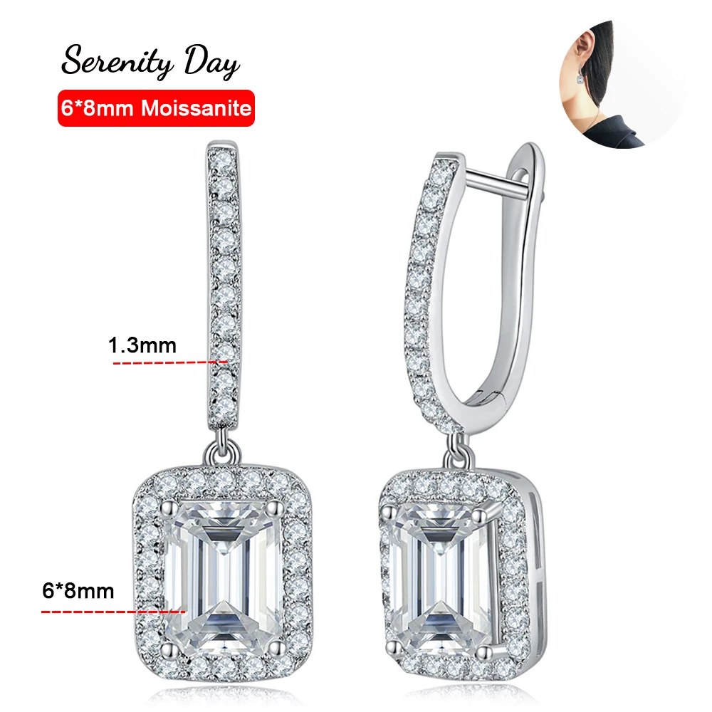 

Serenity Day Real D Color 6*8mm Emerald Cutting 1.3mm Full Moissanite Enclosed Square Bag Stud Earrings For Women Fine Jewelry