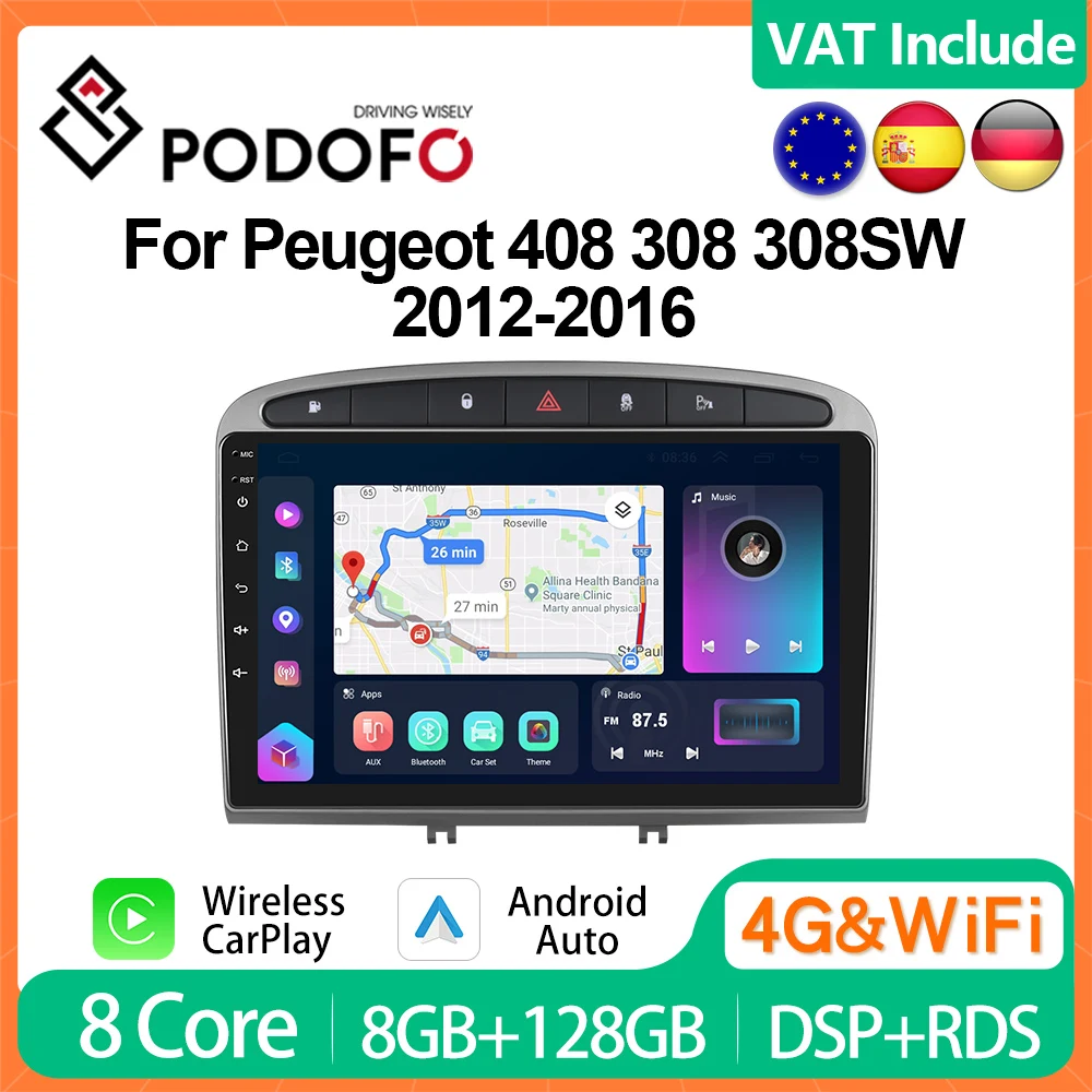 Podofo 4G CarPlay Android Auto Radio For Peugeot 408 308 308SW 2012-2016 Multimedia Video Player GPS Stereo Autoradio IPS DSP EQ