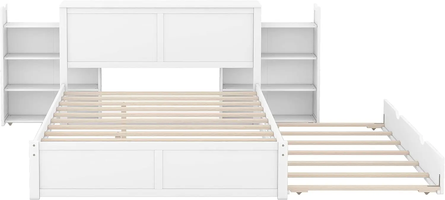 

Storage Platform Bed Frame Queen with Pull Out Shelves and Twin XL Size Trundle