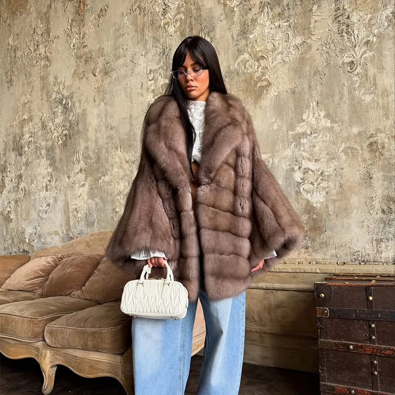 معاطف عصرية من الفرو الصناعي للنساء مع طية صدر السترة وأكمام طويلة من جلد الغزال سترة فضفاضة بطيات سترة شتوية ملابس خارجية عالية الشارع