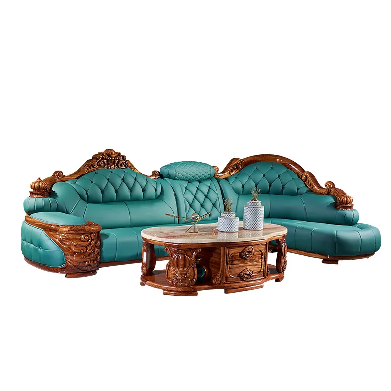 

Ebony leather corner sofa, European L-shaped princess solid wood carving flower first layer cowhide sofa