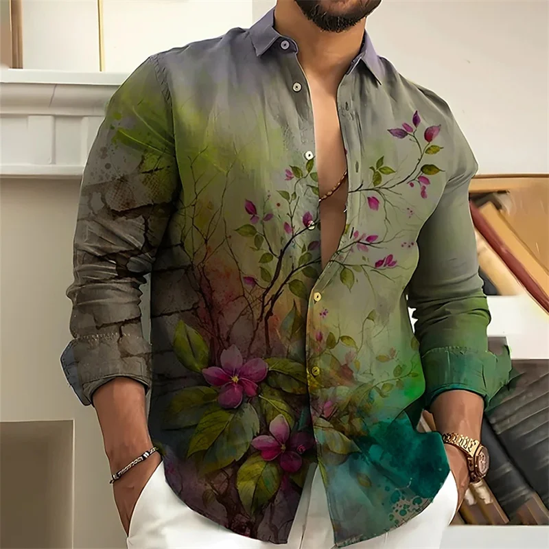 Flower Daisy casual men's shirt for daily wear in spring and summer, with a collar and long sleeves in purple and orang