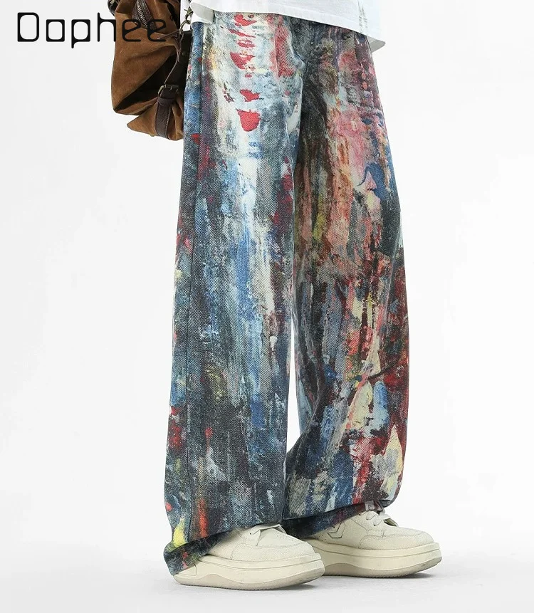 2026 Summer Fashion Trendy Men's Baggy Jeans Colorful Graffiti Paint Print Wide Leg Pants Streetwear Loose Denim Trousers Men