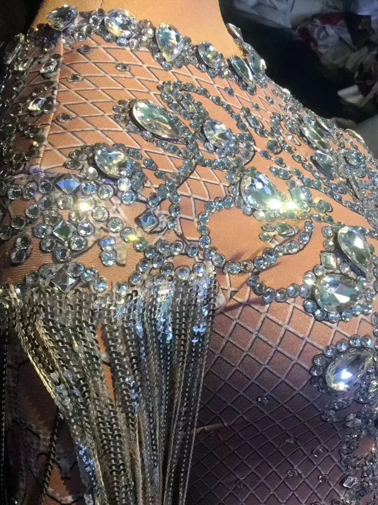 Luxury Evening Celebrate Model Catwalk Long Dress Sparkly Rhinestones Fringe Dresses Women Photograph Stage Performance Costume