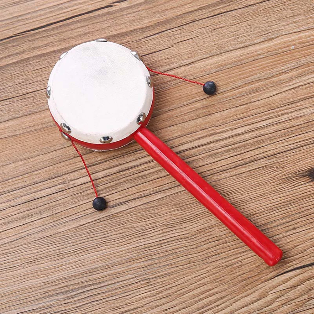 2Pcs Rattle Drum Wooden Red Handle Traditional Sheepskin Drumhead Stimulates Baby Listening Early Educational Musical Instrument