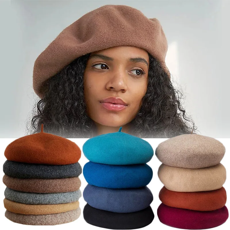 Woolen Solid Berets Hats Women Autumn Winter Thick Vintage French Artist Beret Street Painter Hat Girls Female Warm Caps Beanies