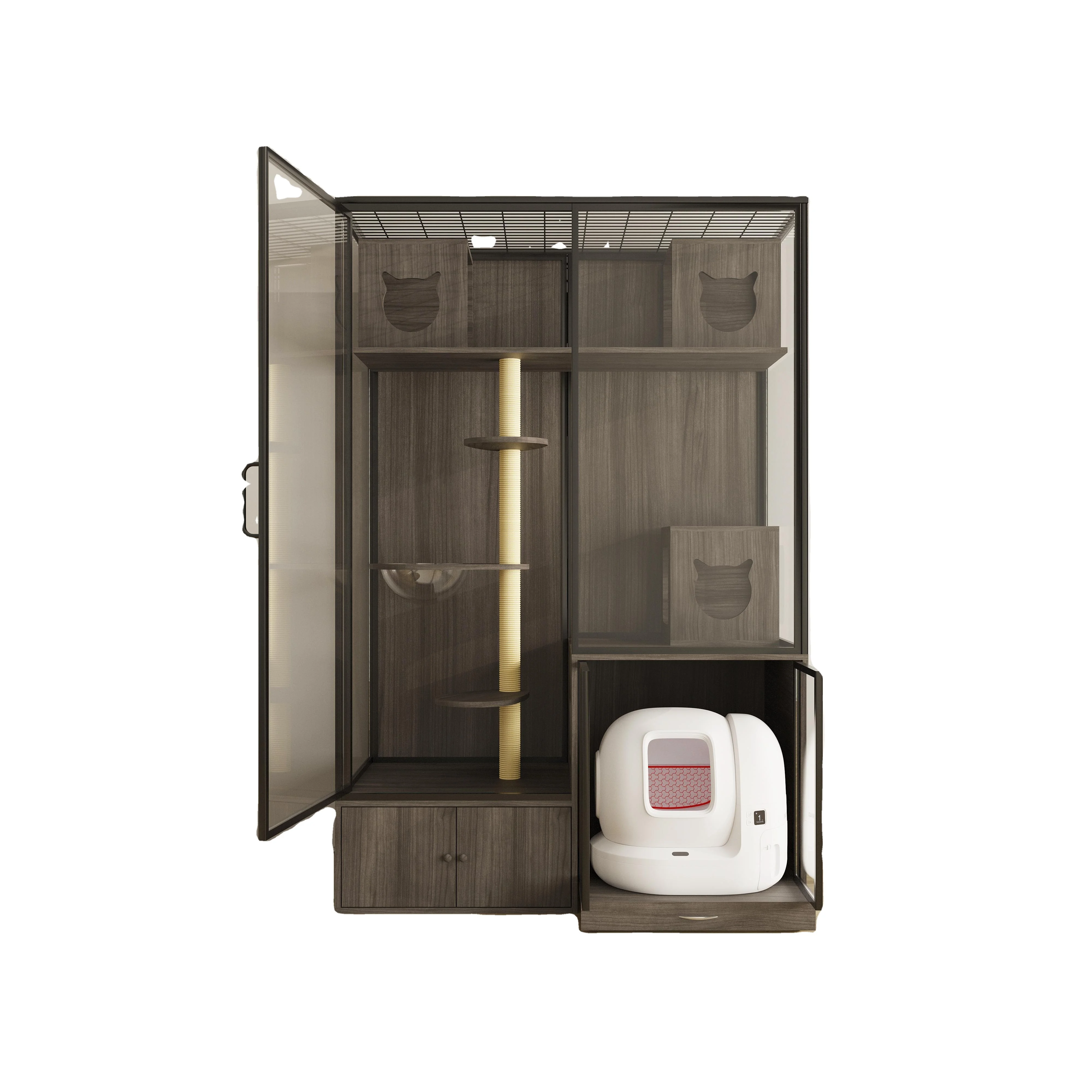 

OEM & ODM Luxury Display Pet Furniture Cat Cage Solid Wood Tempered Glass Cat Villa Pet Cat House