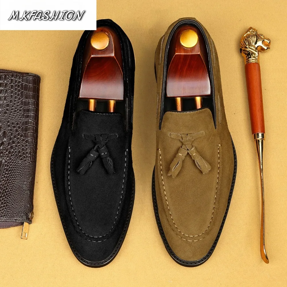 Retro Men's Casual Dress Cow Suede Shoes Slip On Flats with Tassel Wedding Shoes Male Footwear