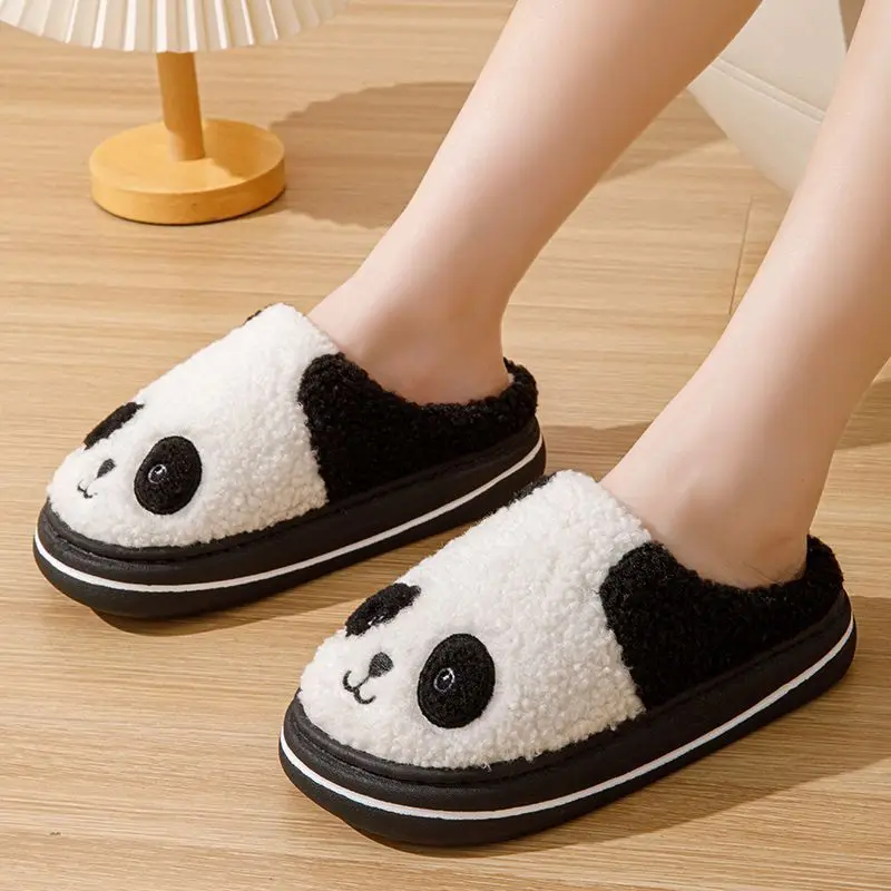 Cute Panda Plush Slippers Winter Warm Fuzzy Indoor Home Thick Sole Non Slip Soft Family Matching House Cotton Shoes Women Men
