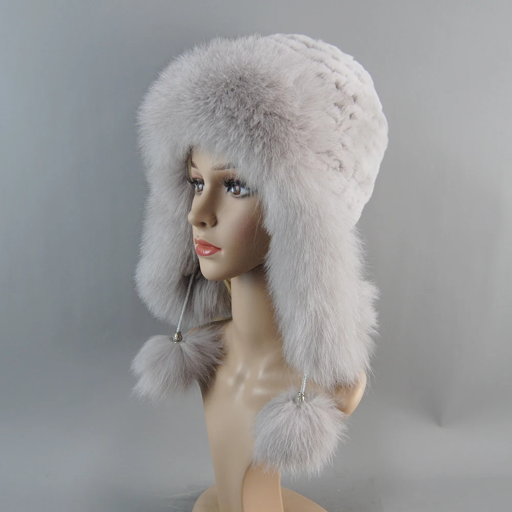 New Winter Hats for Women Real Fox Fur Bomber Hat Elastic Knitted Luxury Lady Real Rex Rabbit Fur Beanie Hat With Ear Protectors