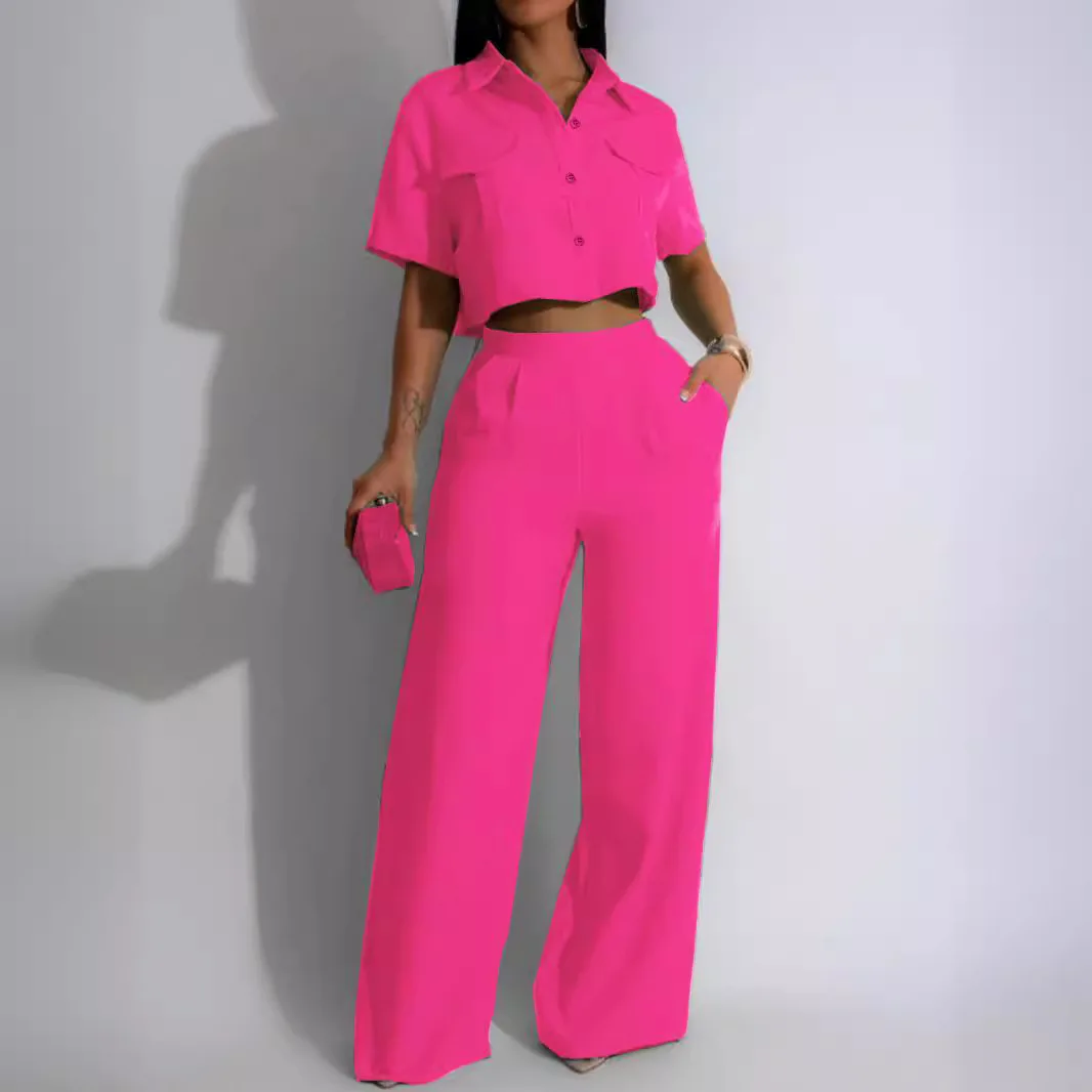 Women Two Piece Sets Pant Set Solid Casual Loose Turn Down Collar Short Sleeve Shirt Tops Wide Leg Long Pants High Waist