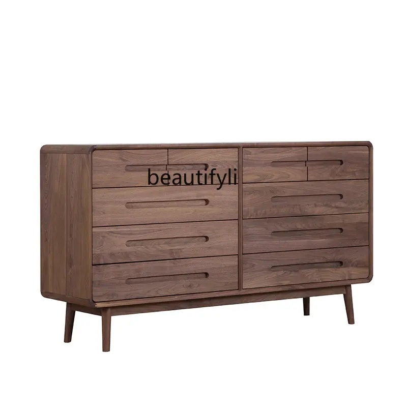 

Nordic Black Walnut Solid Wood 10-Drawer Cabinet Living Room Bedroom Drawer-Style Locker Modern Minimalist Storage Cabinet