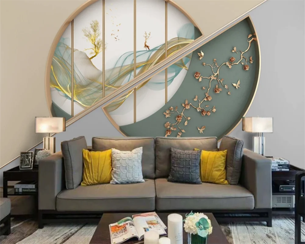beibehang Custom TV background geometric metal pattern 3D three-dimensional flower and bird Chinese abstract wallpaper