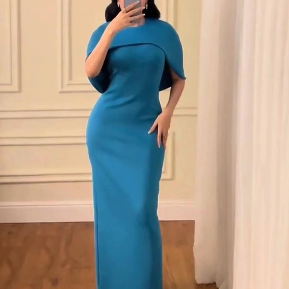 

Short Sleeves Formal Straight Crew neck Evening Dress Floor Length Blue Jersey Sweep Train Pleats Bespoke Occasion Gowns 2024