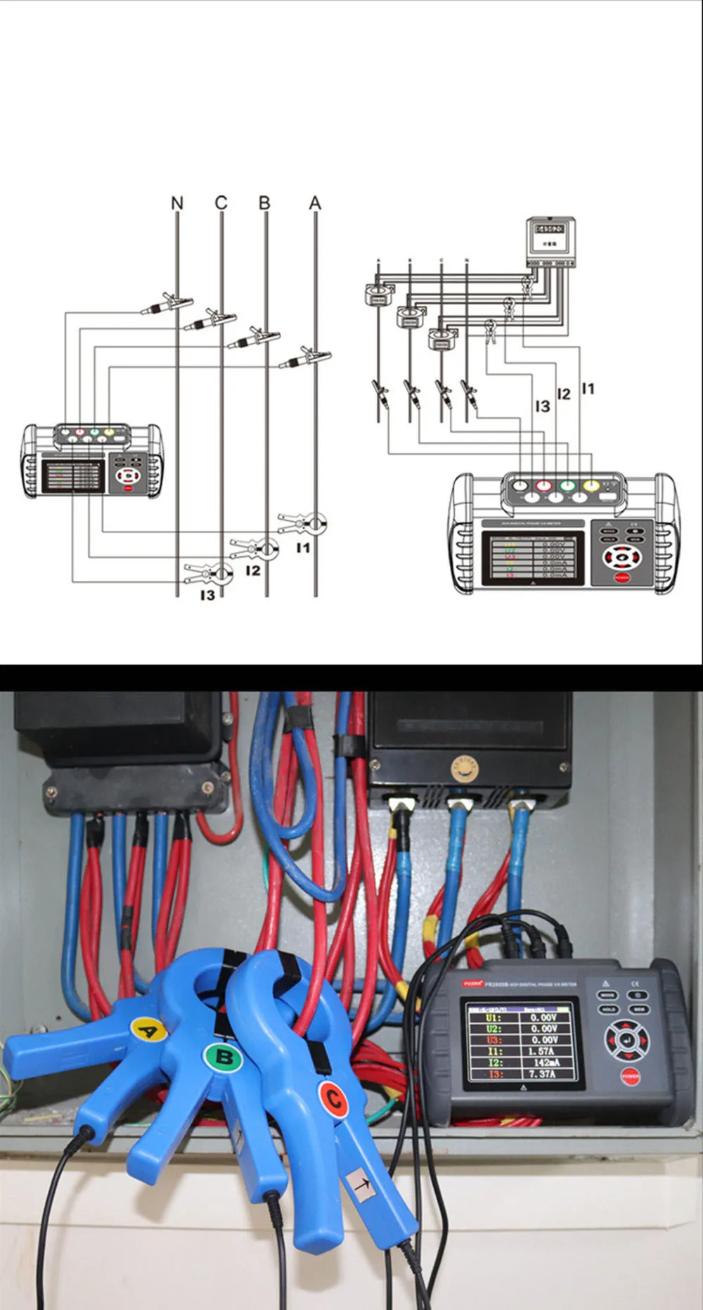 FR2020B 大口径三相デジタル位相電圧計 – 3CH、600V、1000A VAメーター