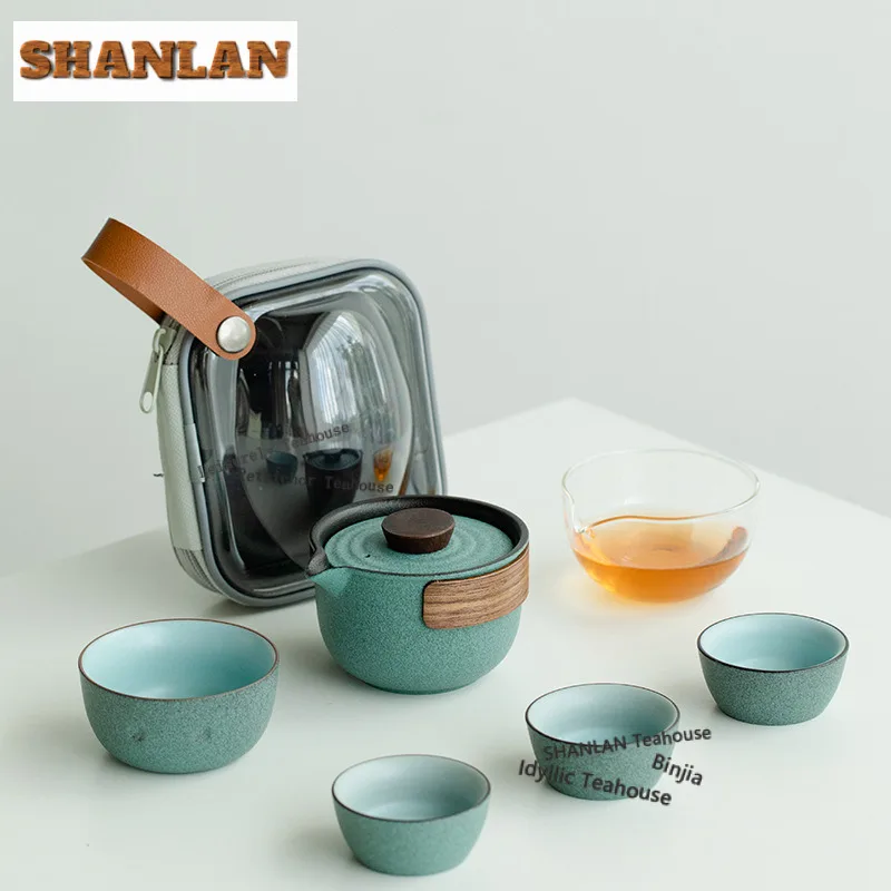 Penguin Ceramic Cup Travel Tea Set Kit Antique Tea Tools Set 1 Pot 4 Cups Tea Maker Organizer Portable Outdoor Tote Bag Supplies