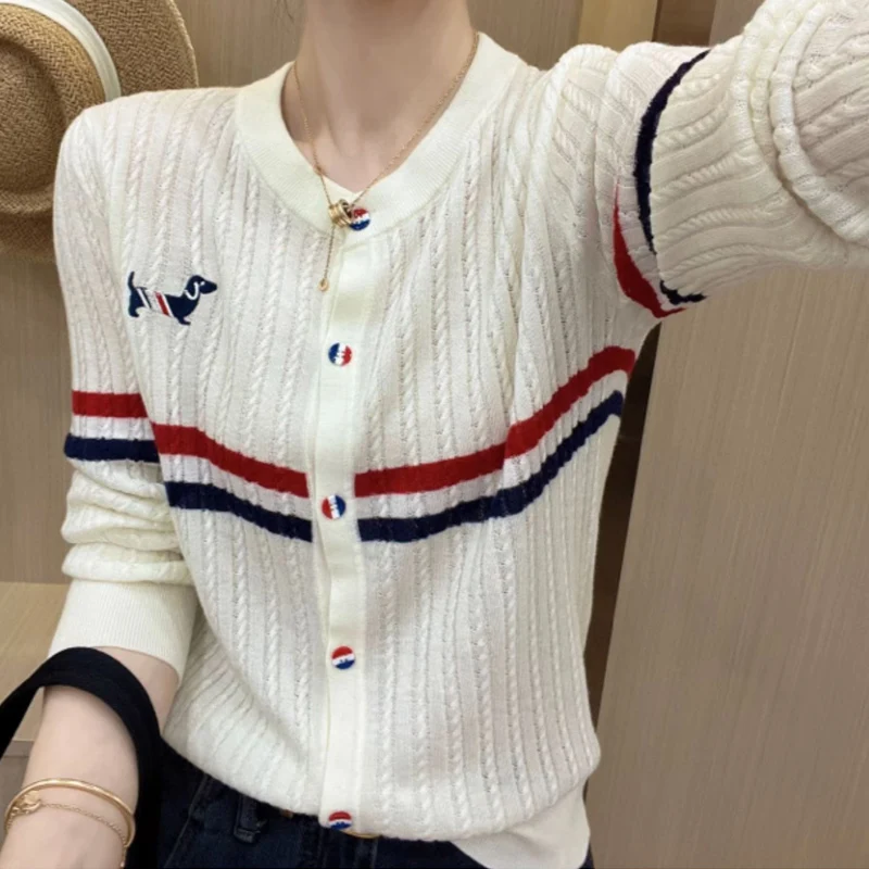 سترة نسائية محبوكة كبيرة الحجم للخريف والشتاء مخططة ملونة بطبقة أساسية أنيقة شبابية مستديرة طويلة... #2