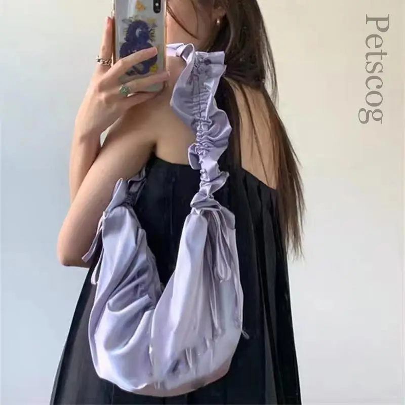 Korean Designer Versatile Casual Tote Pleated Drawstring Design Large Capacity Shoulder Bag Oxford Crossbody Bags For Women New