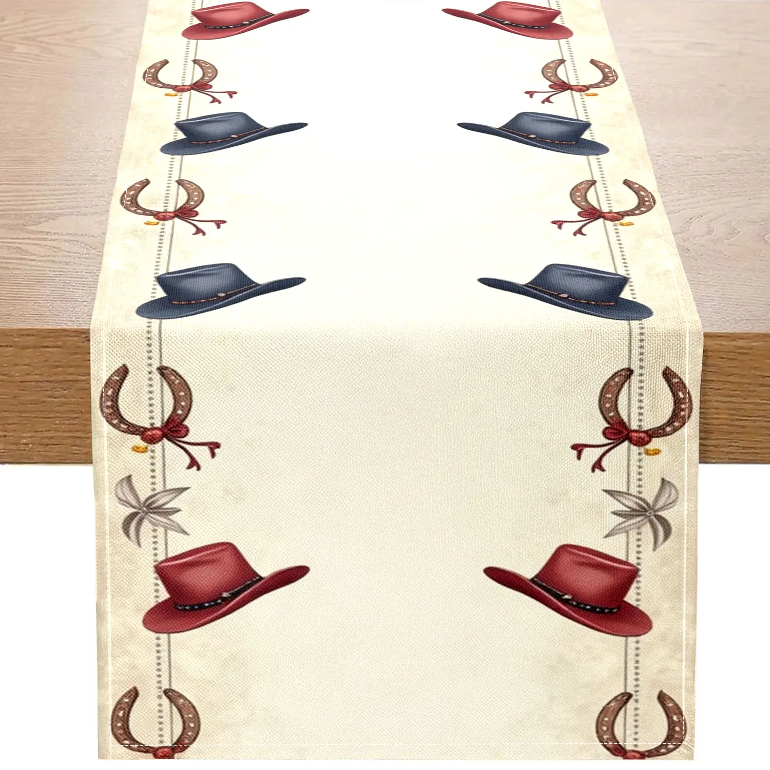1 Piece of Western Cowboy-Themed Table Runner, Featuring Cowboy Hats and Horseshoe Patterns, Suitable for Western-Style Parties and Themed Restaurant Decoration Scenes.