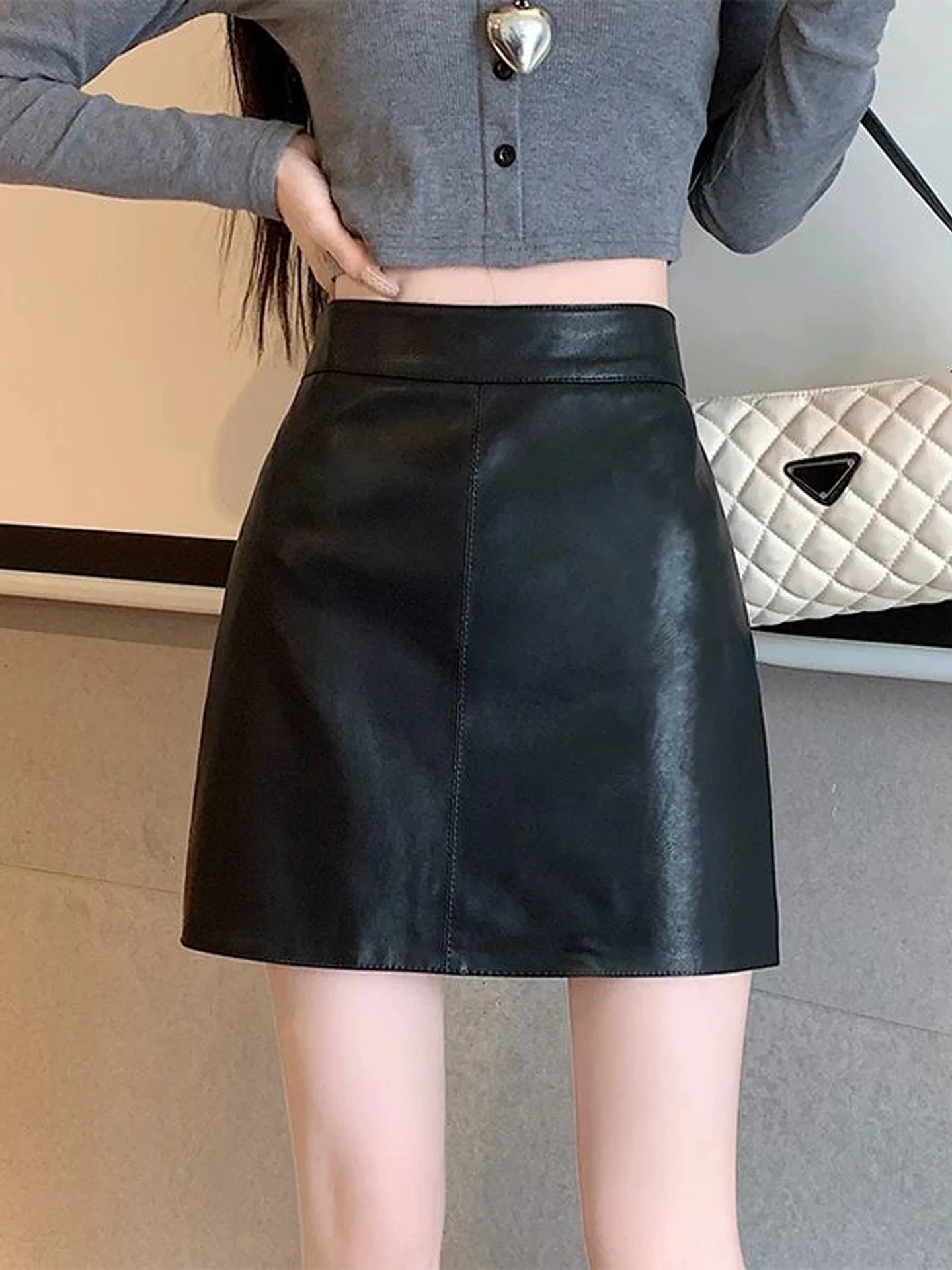 High Waist PU Leather A-Line  Skirt Women's Autumn New Style Slimming Anti-Light Design Sensation Half-length Skirt