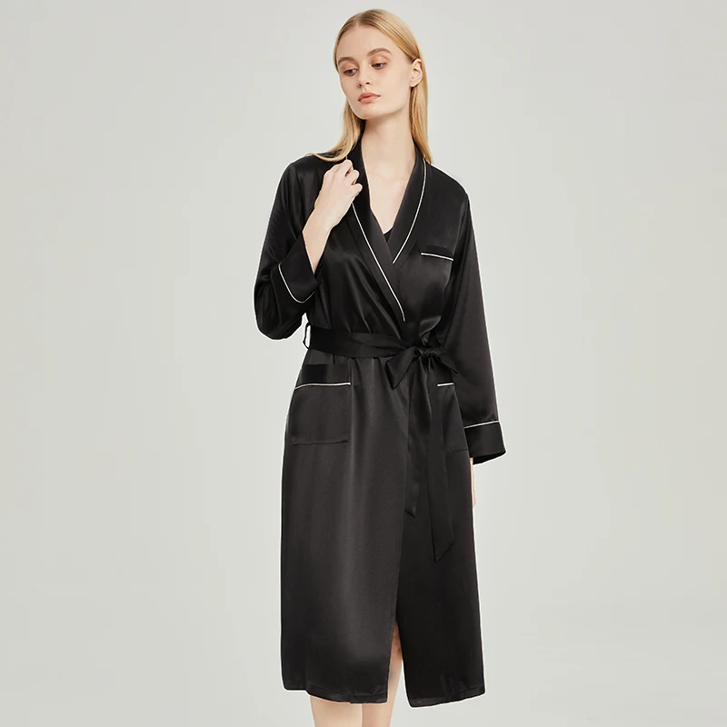 19MM 100% Heavy Mulberry Silk Long Robe Loungewear Lapel Kimono Cardigan Morning Gown Sexy Bridal Dressing Gown for Honeymoon PJ