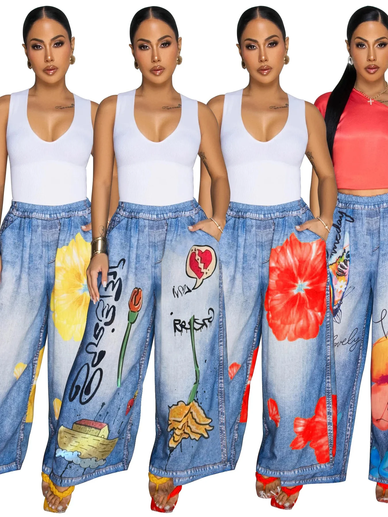 กางเกงลำลองทรงขาบานพิมพ์ลายดอกไม้สำหรับผู้หญิง ผ้าฝ้าย เอวสูง ทรงหลวม สำหรับวัยกลางคน...