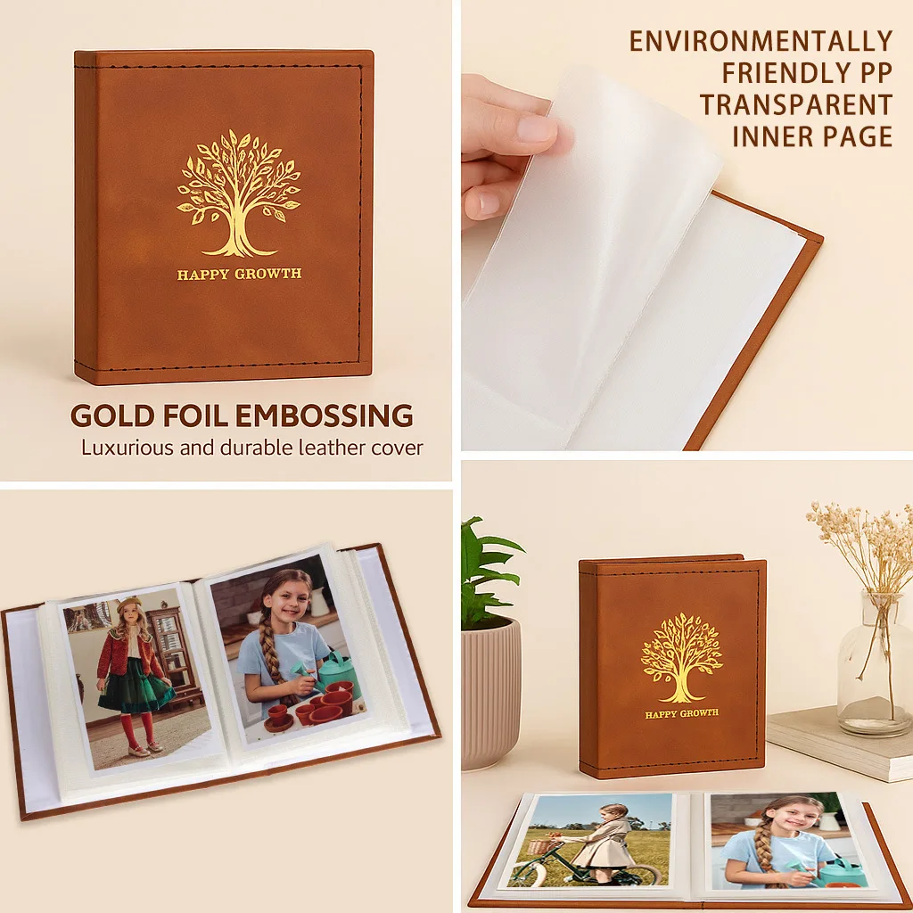 5 Inch 3R Faux Leather Photo Album 100 Pockets, Fit Laminated Photos Gold Foil Baby Footprint Heart Hardcover Family Baby Memory