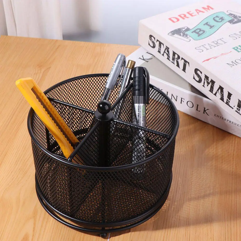 

Metal 360° Rotating Mesh Pencil Holder Hollowed-out Creative Desktop Storage Container Multi-Purpose 4 Compartments