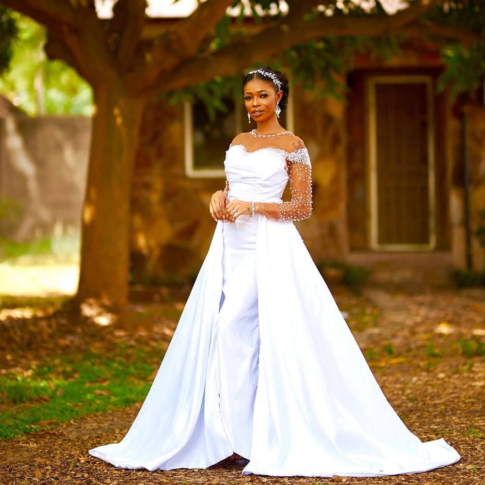 

Customized Mermaid Wedding Dresses With Detachable Train Illusion Long Sleeves Beaded Crystals for African Women Bride Gowns
