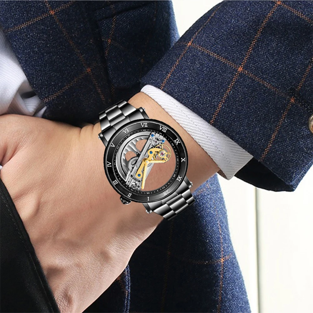 BOLYTE Mens Classic Black Transparent Skeleton Automatic Mechanical Watches Male Luminous Hands Stainless Steel Strap Wristwatch